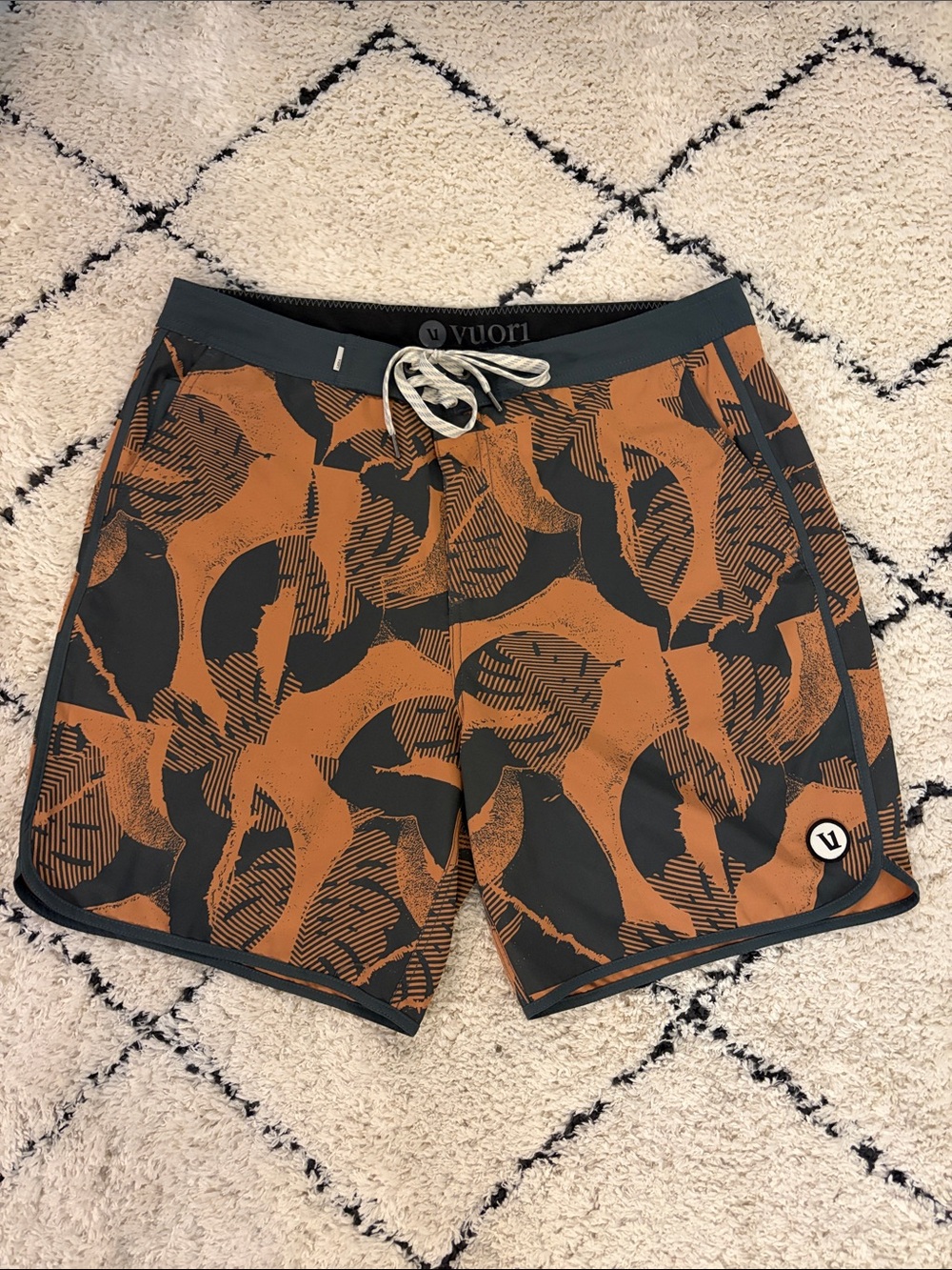 Vuori Men Swim Board Shorts - Burnt Orange & Charcoal Abstract